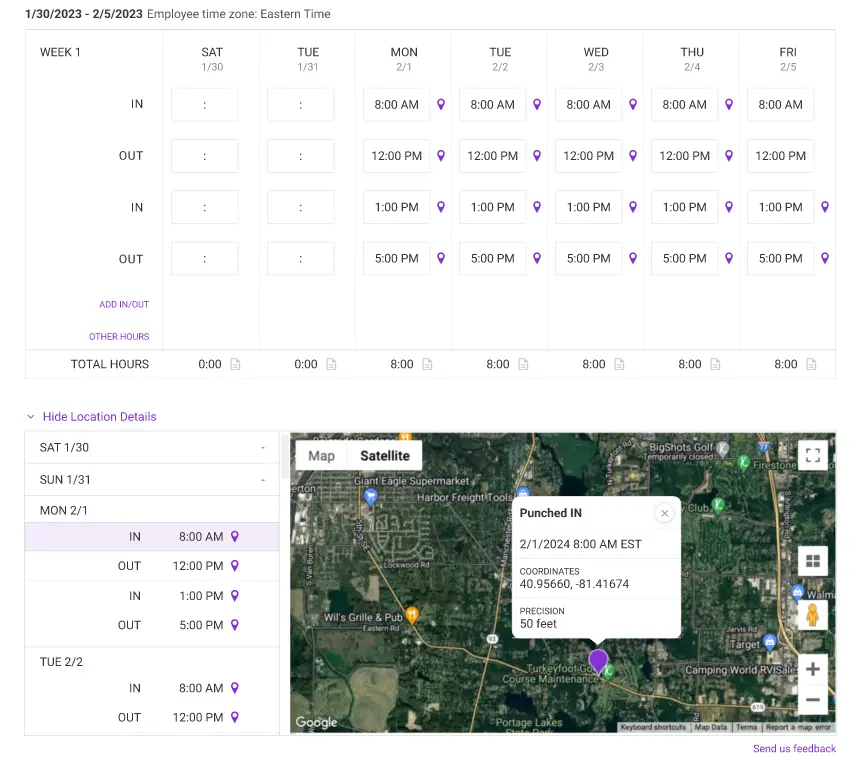 example of geotagging on an employee time card in Patriot's time and attendance software